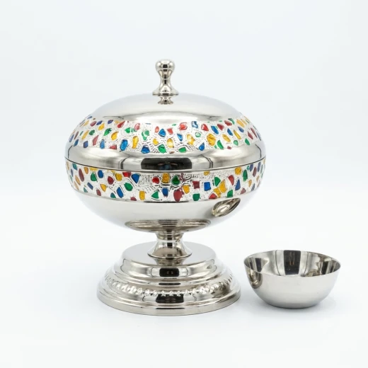 ِAtad 16cm Silver Stainless Steel Date Bowl with Colorful Decorative Patterns & Seed Dish ِAtad 16cm Silver Stainless Steel Date Bowl with Colorful Decorative Patterns & Seed Dish