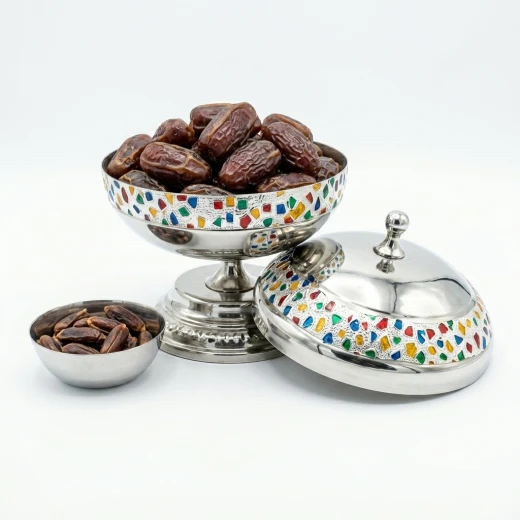 ِAtad 16cm Silver Stainless Steel Date Bowl with Colorful Decorative Patterns & Seed Dish - Atad - Image 3