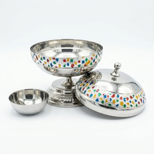 ِAtad 16cm Silver Stainless Steel Date Bowl with Colorful Decorative Patterns & Seed Dish - Atad - Image 4