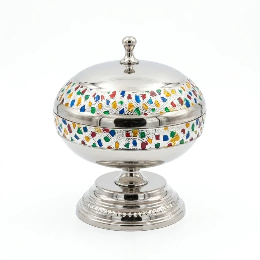 ِAtad 16cm Silver Stainless Steel Date Bowl with Colorful Decorative Patterns & Seed Dish - Atad - Image 5
