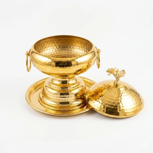 Atad Premium Hammered Gold Tamriya with Lid & Handles – Luxury Dates & Sweets Serving Bowl - Atad - Image 2
