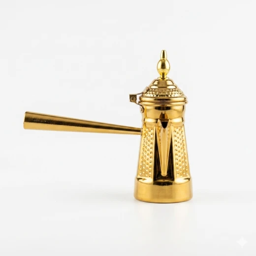 مصب قهوة ذهبي فاخر بتصميم تراثي مطرّق مع غطاء ومقبض طويل (حجم صغير) – إناء تقديم وضيافة للقهوة العربية من عتاد - عتاد - Image 4