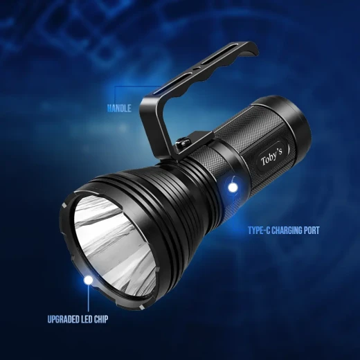 TOBY’S TORCH-120 High Power 50W Flashlight – 5000LM Brightness, 760M Beam Range, USB Rechargeable, Waterproof with SOS Mode & Handle Grip - Tobys - Image 6
