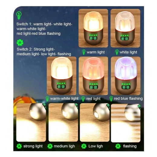 TOBY'S Portable Rechargeable Camping Tent Lamp 400mAh, 9 Lighting Modes, Compact Outdoor Lantern & Flashlight - Tobys - Image 3