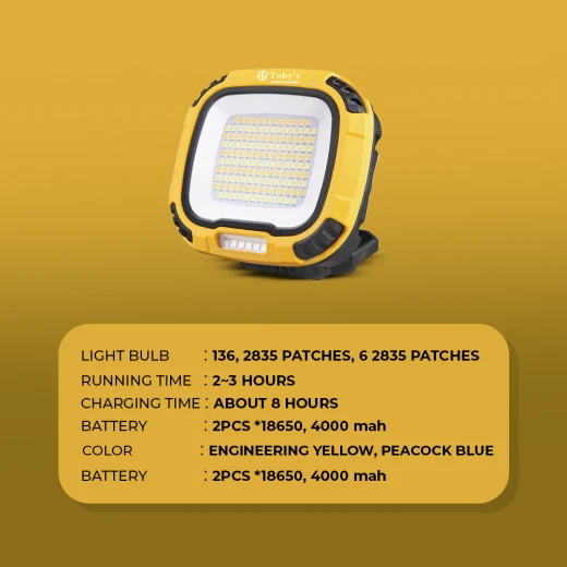 Toby’s Rechargeable LED Floodlight – 4000mAh Battery, Multi-Color Light Modes with SOS, Powerful Brightness for Outdoor & Emergency Use - Tobys - Image 2