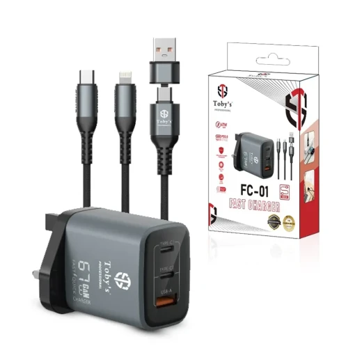 Toby's Smart 67 Watt GaN Fast Wall Charger with Triple Ports Dual Type-C and USB-A Super Fast Charging UK Plug Includes Type-C and Lightning Cables