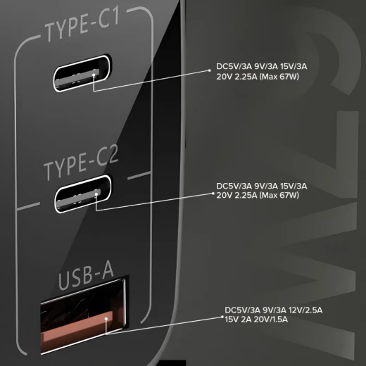 Toby's Smart 67 Watt GaN Fast Wall Charger with Triple Ports Dual Type-C and USB-A Super Fast Charging UK Plug Includes Type-C and Lightning Cables - Tobys - Image 5