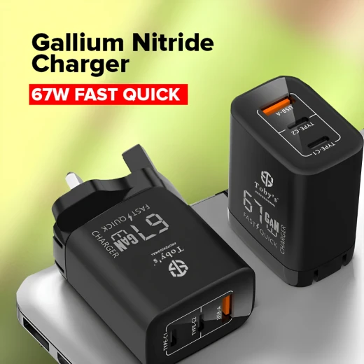 Toby's Smart 67 Watt GaN Fast Wall Charger with Triple Ports Dual Type-C and USB-A Super Fast Charging UK Plug Includes Type-C and Lightning Cables - Tobys - Image 6