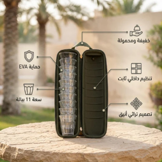 شنطة استكانات مكتملة ضد الصدمات 11 حبة – تحمي ما بداخلها من البلل والخدوش، تصميم تراثي زيتي أنيق وسهلة الحمل من عتاد - عتاد - Image 6