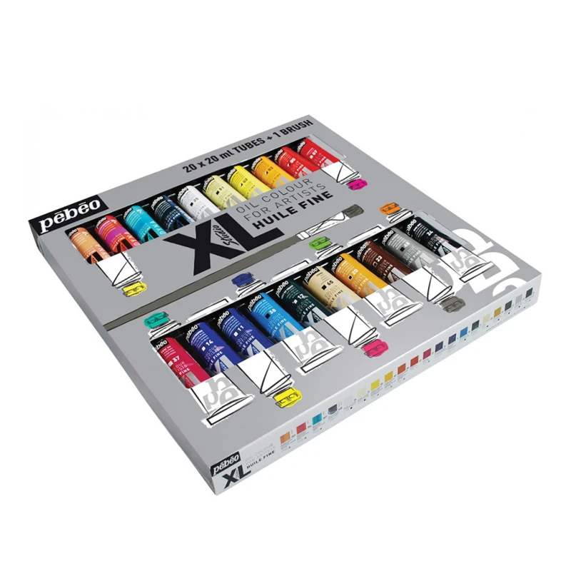 Pebeo XL Fine Oil Colour Set 20 x 20ml Tubes + Brush Glossy-Satin Finish Professional Colours with High Hold Ideal for Blending and Graduation at a Glance - Pebeo