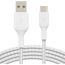 كيبل شحن بيلكينUSB-A إلى USB-C بطول 6.6 قدم أبيض مضفر لأجهزة iPhone 16 و Galaxy S25 و iPad Pro