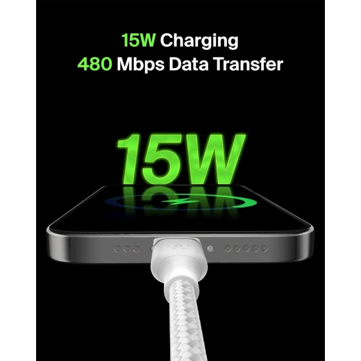 كيبل شحن بيلكينUSB-A إلى USB-C بطول 6.6 قدم أبيض مضفر لأجهزة iPhone 16 و Galaxy S25 و iPad Pro - بيلكين - Image 2