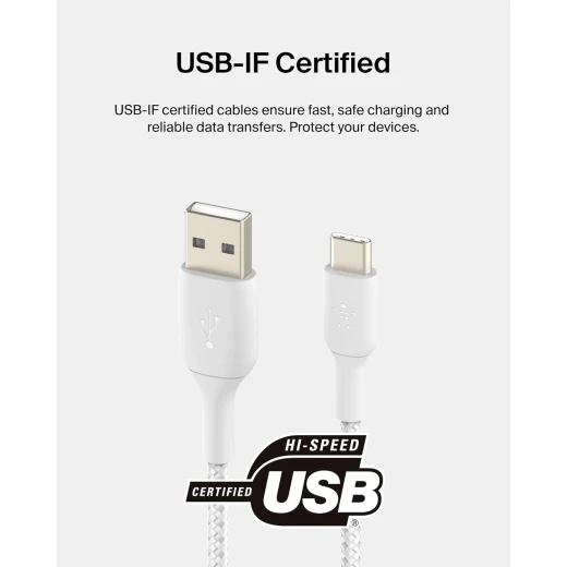 كيبل شحن بيلكينUSB-A إلى USB-C بطول 6.6 قدم أبيض مضفر لأجهزة iPhone 16 و Galaxy S25 و iPad Pro - بيلكين - Image 5
