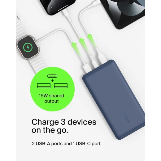 Belkin BoostCharge 3-Port 20K Power Bank with USB-C 15W, dual USB-A, 15cm USB-A to USB-C Cable, Blue - Belkin - Image 2