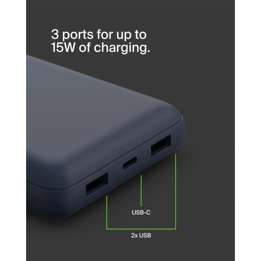 Belkin BoostCharge 3-Port 20K Power Bank with USB-C 15W, dual USB-A, 15cm USB-A to USB-C Cable, Blue - Belkin - Image 9