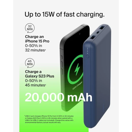Belkin BoostCharge 3-Port 20K Power Bank with USB-C 15W, dual USB-A, 15cm USB-A to USB-C Cable, Blue - Belkin - Image 11