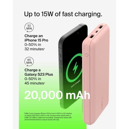 باور بانك بيلكين بوست تشارج بسعة 20,000 مللي أمبير، بثلاثة منافذ – USB-C بقوة 15 واط، ومنفذين USB-A، مع كابل USB-A إلى USB-C بطول 15 سم، وردي - بيلكين - Image 2
