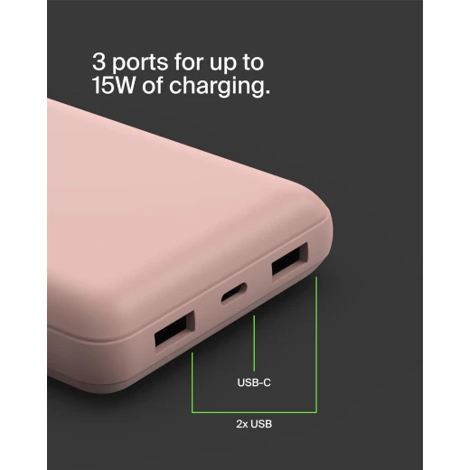 باور بانك بيلكين بوست تشارج بسعة 20,000 مللي أمبير، بثلاثة منافذ – USB-C بقوة 15 واط، ومنفذين USB-A، مع كابل USB-A إلى USB-C بطول 15 سم، وردي - بيلكين - Image 5