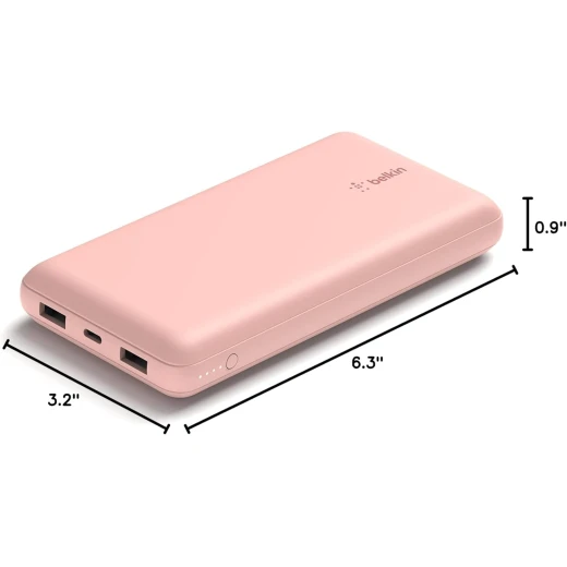 باور بانك بيلكين بوست تشارج بسعة 20,000 مللي أمبير، بثلاثة منافذ – USB-C بقوة 15 واط، ومنفذين USB-A، مع كابل USB-A إلى USB-C بطول 15 سم، وردي - بيلكين - Image 6