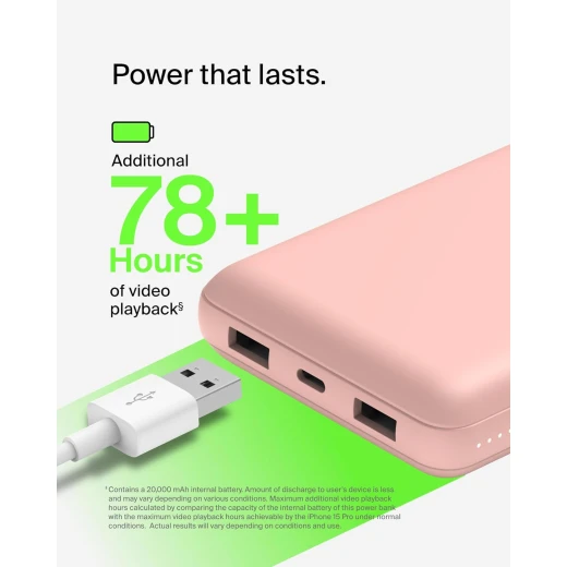 باور بانك بيلكين بوست تشارج بسعة 20,000 مللي أمبير، بثلاثة منافذ – USB-C بقوة 15 واط، ومنفذين USB-A، مع كابل USB-A إلى USB-C بطول 15 سم، وردي - بيلكين - Image 7