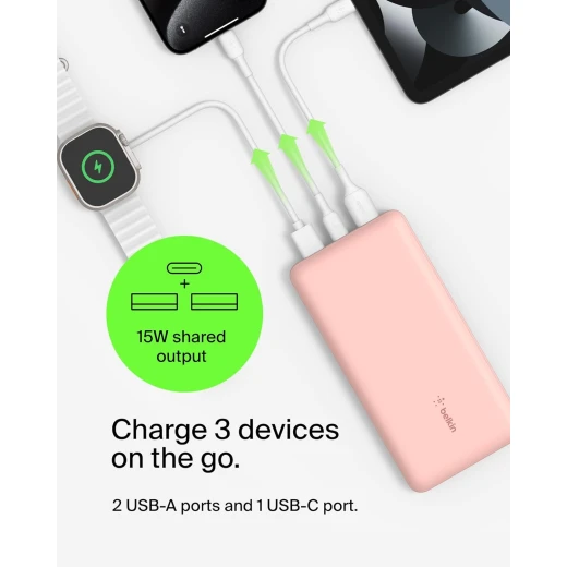 باور بانك بيلكين بوست تشارج بسعة 20,000 مللي أمبير، بثلاثة منافذ – USB-C بقوة 15 واط، ومنفذين USB-A، مع كابل USB-A إلى USB-C بطول 15 سم، وردي - بيلكين - Image 8