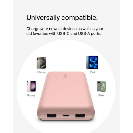 باور بانك بيلكين بوست تشارج بسعة 20,000 مللي أمبير، بثلاثة منافذ – USB-C بقوة 15 واط، ومنفذين USB-A، مع كابل USB-A إلى USB-C بطول 15 سم، وردي - بيلكين - Image 9