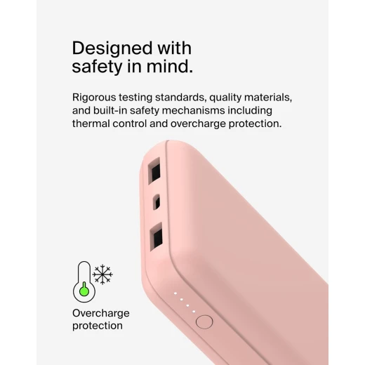 باور بانك بيلكين بوست تشارج بسعة 20,000 مللي أمبير، بثلاثة منافذ – USB-C بقوة 15 واط، ومنفذين USB-A، مع كابل USB-A إلى USB-C بطول 15 سم، وردي - بيلكين - Image 10