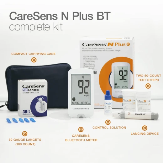 Care Sens N Plus Bluetooth Blood Glucose Monitor Kit with 100 Blood Sugar Test Strips, 100 Lancets, 1 Blood Glucose Meter, 1 Lancing Device, Travel Case for Diabetes Testing Kit (Auto-Coding Glucometer kit with 1 Control Solution) for Personal Use - Care Sens - Image 2