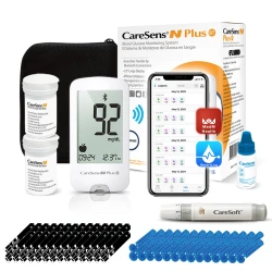 Care Sens N Plus Bluetooth Blood Glucose Monitor Kit with 100 Blood Sugar Test Strips, 100 Lancets, 1 Blood Glucose Meter, 1 Lancing Device, Travel Case for Diabetes Testing Kit (Auto-Coding Glucometer kit with 1 Control Solution) for Personal Use