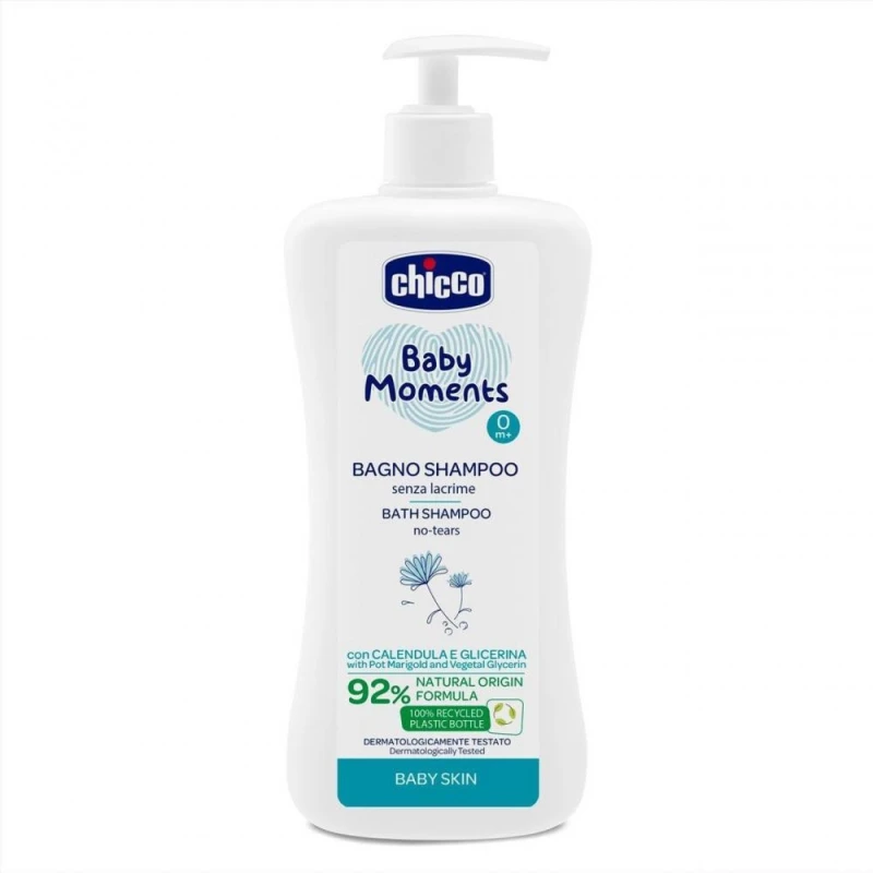 Chicco Baby Moments No Tears Bath Shampoo (0m+), 2-in-1 Body & Hair Cleanser for Sensitive Skin, Gentle Daily Formula, 500ml - Chicco