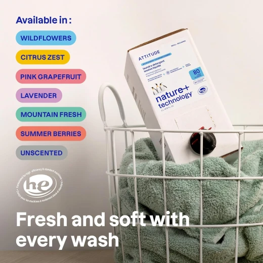 ATTITUDE Liquid Laundry Detergent Refill, EWG Verified, HE Compatible, Plant-Based & Vegan, Natural Laundry Soap, Unscented, 80 Loads, 2X Concentrated 67.6 Fl Oz - ATTITUDE - Image 4