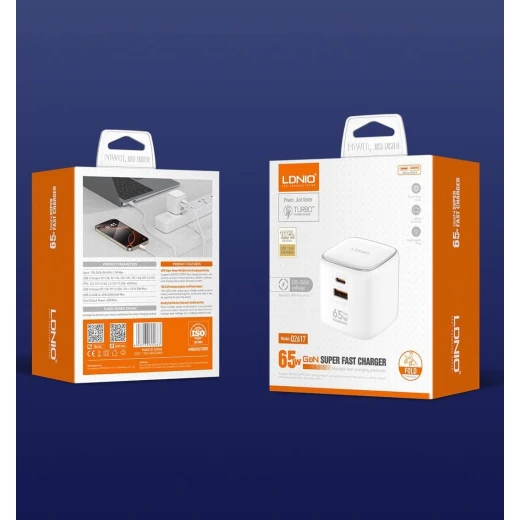 شاحن حائط LDNIO 65 واط بمنفذ USB-C، قابس قابل للطي، منفذ مزدوج، شحن سريع، أبيض Q2617 - إل دي إن آي أو - Image 8