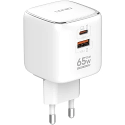 شاحن حائط LDNIO 65 واط بمنفذ USB-C، قابس قابل للطي، منفذ مزدوج، شحن سريع، أبيض Q2617