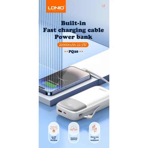 Ldnio PQ20 20000mAh Power Bank 22.5W Fast Charging with Built-in Cables - LDNIO - Image 2