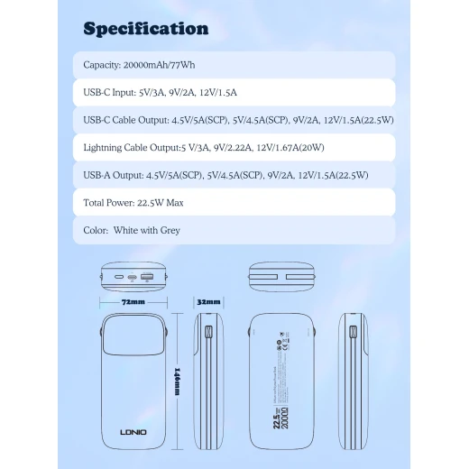 Ldnio PQ20 20000mAh Power Bank 22.5W Fast Charging with Built-in Cables - LDNIO - Image 11