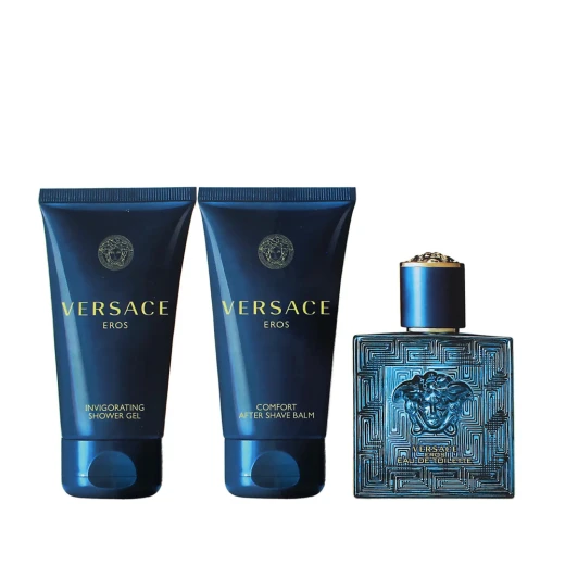 مجموعة عطور فيرساتشي إيروس للرجال: ماء تواليت 50 مل، جل استحمام 50 مل، بلسم بعد الحلاقة 50 مل مجموعة عطور فيرساتشي إيروس للرجال: ماء تواليت 50 مل، جل استحمام 50 مل، بلسم بعد الحلاقة 50 مل