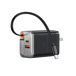 شاحن وي وو السريع بتقنية GaN بقدرة 67 واط مع كابل من النوع C قابل للسحب، ومنفذي USB-C وUSB-A، وتقنية الشحن السريع متعدد البروتوكولات PD للهواتف والأجهزة اللوحية وأجهزة الكمبيوتر المحمولة