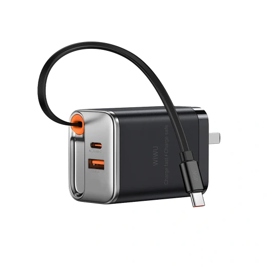 شاحن وي وو السريع بتقنية GaN بقدرة 67 واط مع كابل من النوع C قابل للسحب، ومنفذي USB-C وUSB-A، وتقنية الشحن السريع متعدد البروتوكولات PD للهواتف والأجهزة اللوحية وأجهزة الكمبيوتر المحمولة