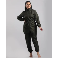 بوركيني نسائي بلون زيتوني داكن – طقم سباحة محتشم للنساء – سريع الجفاف ومريح للسباحة – مقاس سمول – تصميم عملي وأنيق لجميع الأنشطة المائية